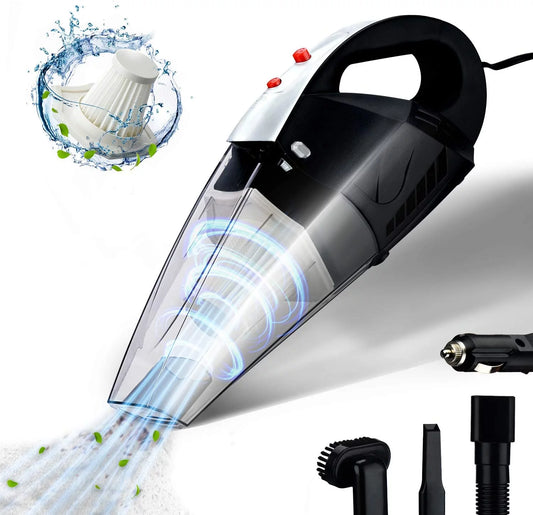 Car Vacuum Cleaner, GSSUSA High Power Portable Vacuum Cleaner for Car with Reusable 2 Pcs Steel HEPA Filter Wet and Dry Use with LED Light Low Noise 16.4FT(5M) DC 12V with Carry Bag for All Cars