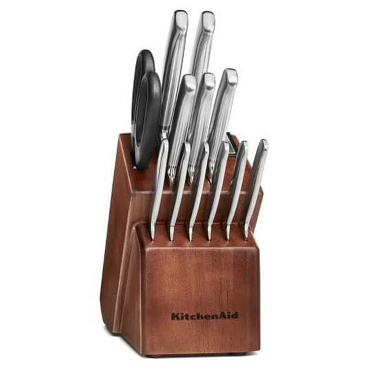 KitchenAid KKFSS14CS 14pc German Stainless Steel Knife Set Wooden Block Maple Integrated #600 Diamond Grit Sharpener
