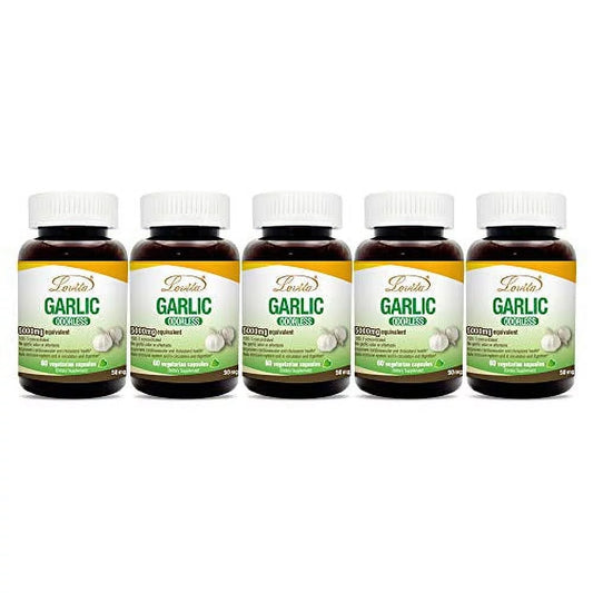 Lovita Odorless Garlic 5000mg, Maximum Strength with 1.25% Allicin, Powerful Immune and Cardiovascular System Support Formula, 60 Vegetarian Capsules (Pack of 5)