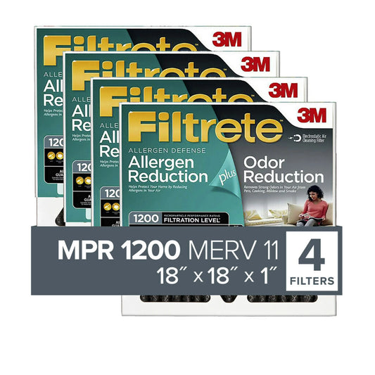 Filtrete 18x18x1 Air Filter, MPR 1200 MERV 11, Allergen Plus Odor Reduction, 4 Filters