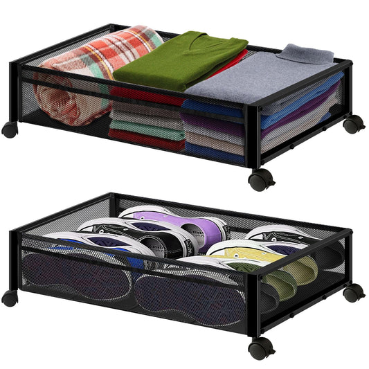 COCOBELA 2 Pack Under Bed Storage with Wheels,Under Bed Storage Containers,Under Bed Shoe Storage Organizer, Rolling Under Bed Storage Metal Drawer