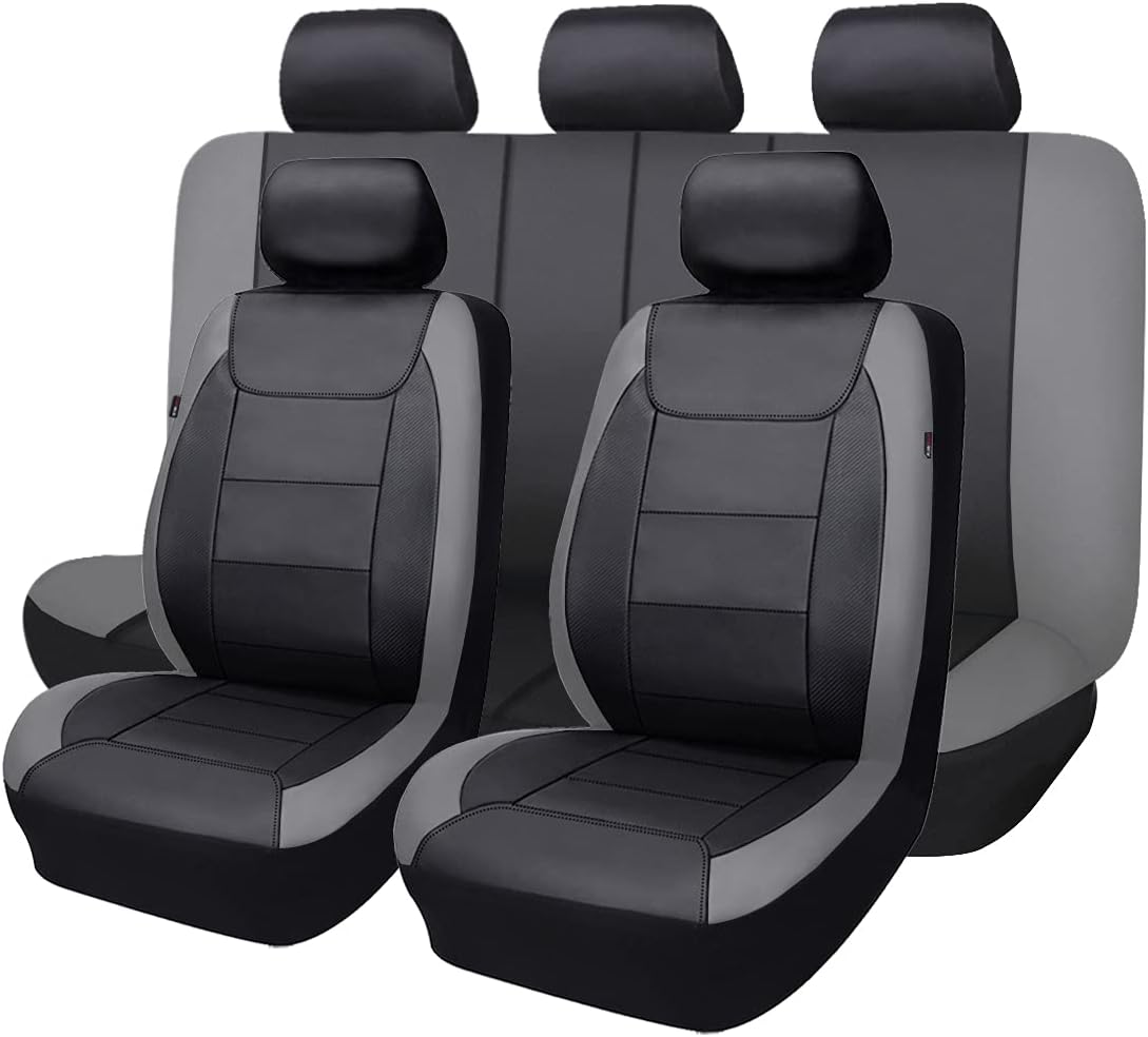 Flying Banner car seat Covers Protects Water Proof Faux Leather Carbon Fiber Front and Rear Bench (Black Black, Full Set - 9PCS)