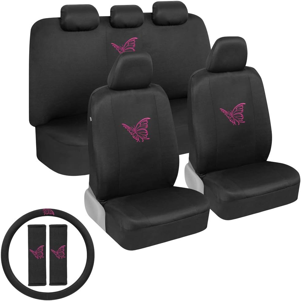 BDK Pink Butterflies Car Seat Covers Full Set with Steering Wheel Cover and Seat Belt Pads – Front and Rear Covers with Matching Embroidered Accessories, Universal Fit for Cars Trucks Vans SUVs
