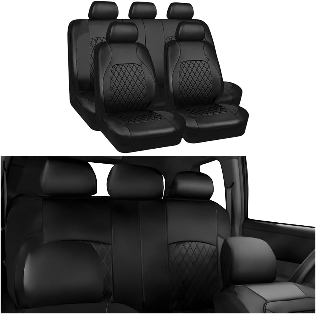 TSUGAMI Full Set Car Seat Covers, PU Leather Cushion Protectors for Auto, Waterproof Split Front and Rear Bench Seat, Breathable Automotive Accessories, Universal Fit for Many Vehicles (Black)
