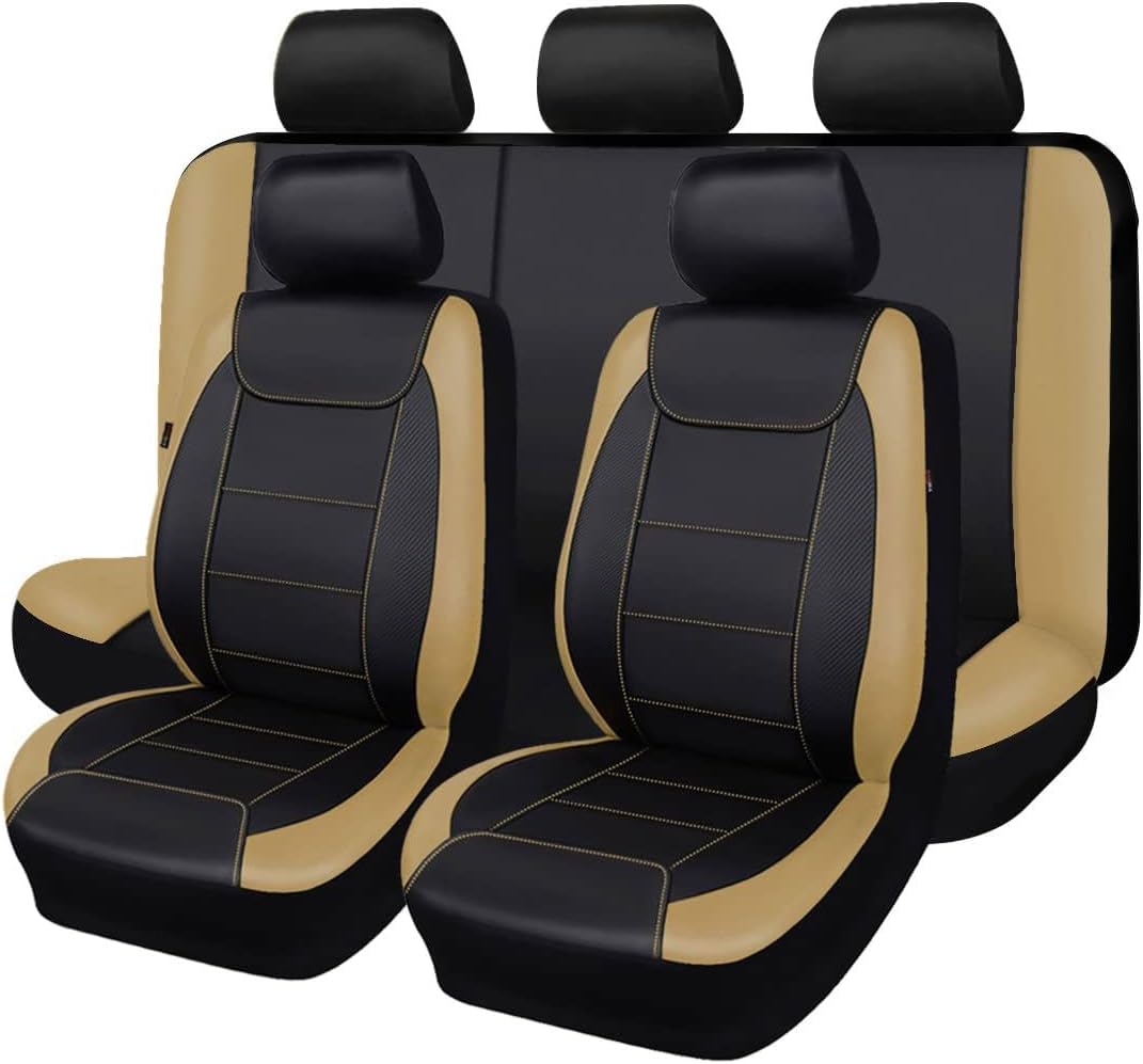 Flying Banner car seat Covers Protects Water Proof Faux Leather Carbon Fiber Front and Rear Bench (Black Black, Full Set - 9PCS)