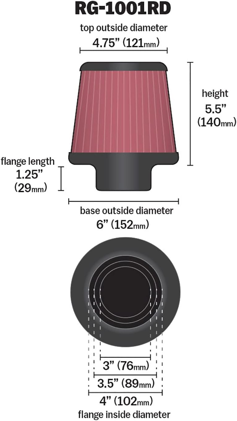 K&N RG-1001RD Universal Clamp-On Air Filter: Round Tapered, 102 mm/89 mm/76 mm Flange ID, 127 mm Height
