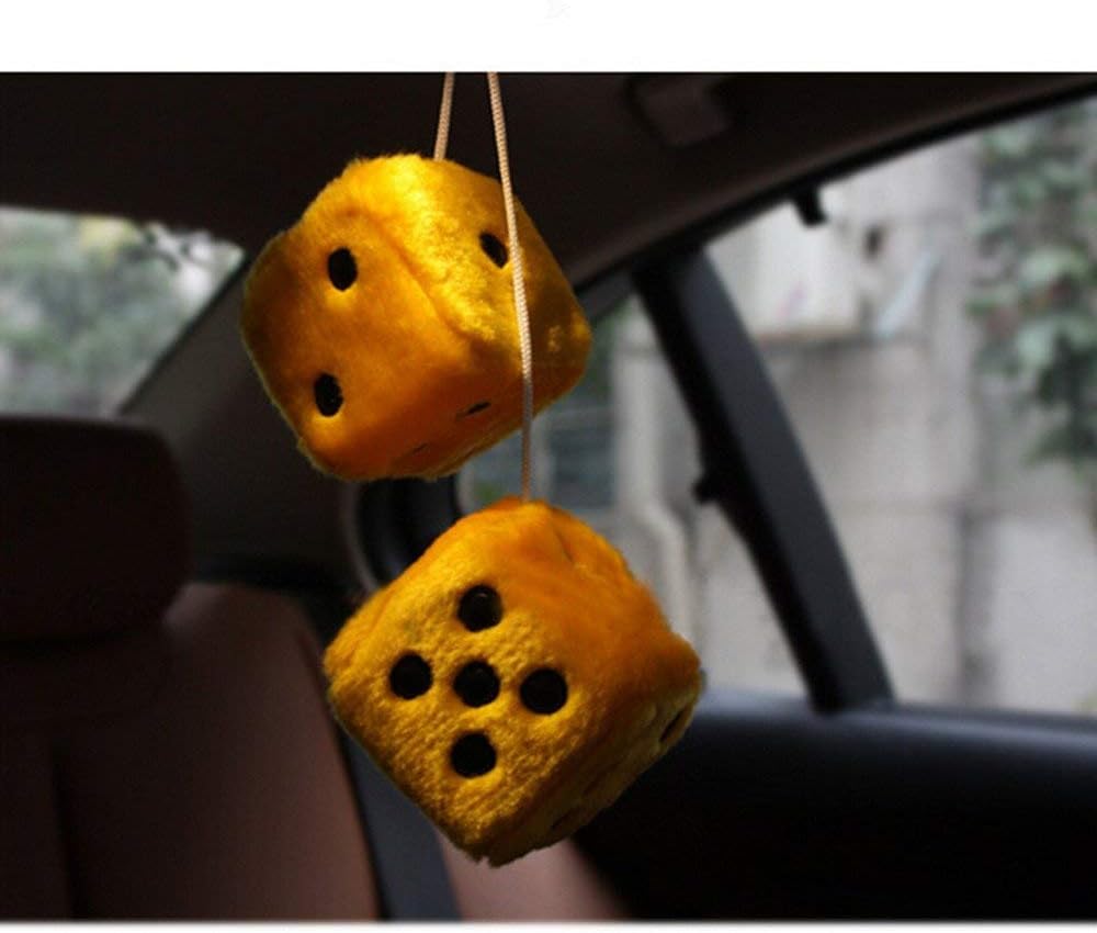 Giveme5 3 inch Pair of Retro Square Mirror Hanging Couple Fuzzy Plush Dice with Dots For Car Interior Ornament Decoration (Yellow)