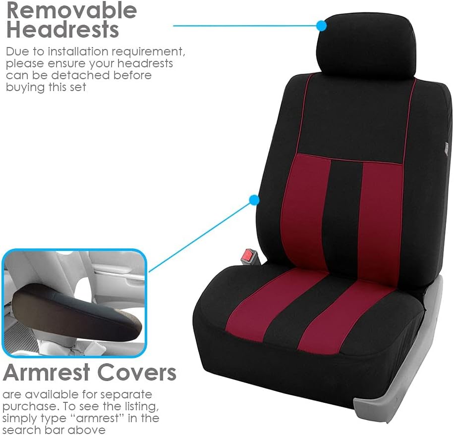 FH Group Car Seat Covers Front Set Cloth -Seat Covers for Low Back Seats with Removable Headrest,Universal Fit,Automotive Seat Cover,Airbag Compatible Car Seat Cover for SUV,Sedan,Van Burgundy