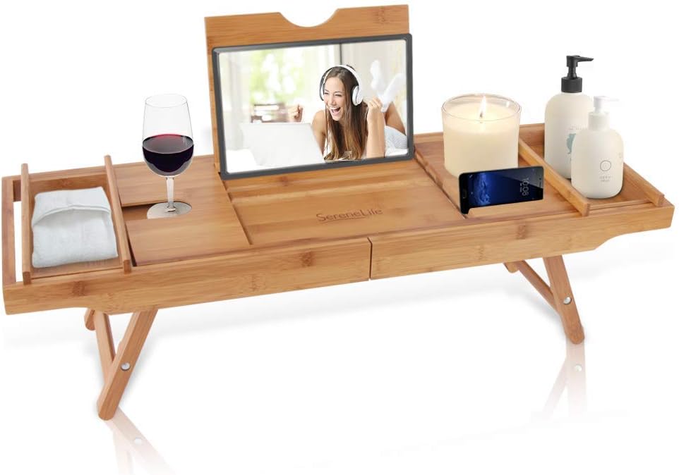 SereneLife Bath Caddy Breakfast Tray Combo - Natural Bamboo Wood Bathtub Caddy and Bed Tray with Folding Slide-Out Arms, Device Grooves, Wine Glass and Soap Holder