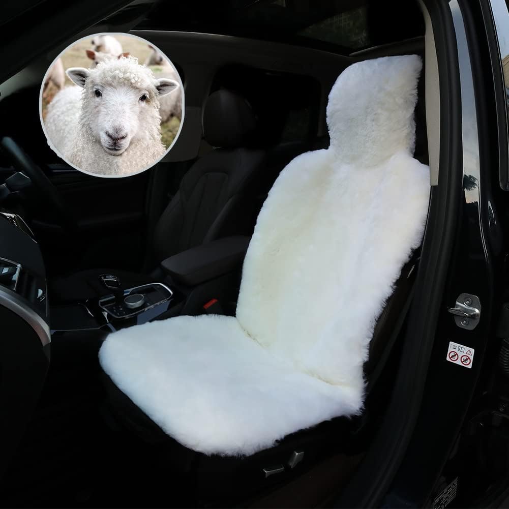 Altlue Real Genuine Sheepskin Seat Covers for Cars SUV Trucks Van RV Front Seats Sheepskin Car Seat Covers Sheepskin Auto Seat Covers Fuzzy Fleece Fur Car Seat Covers Universal Black (1 Piece)