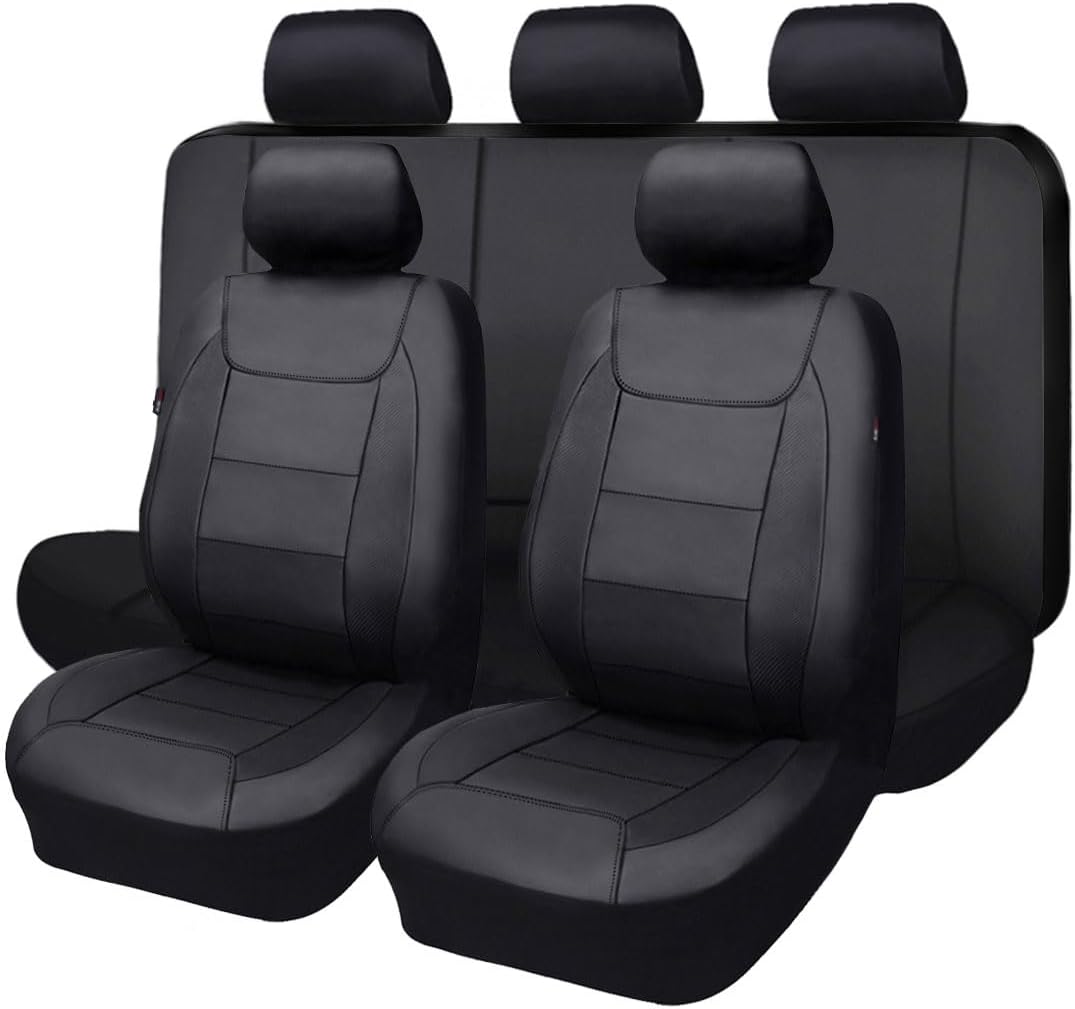 Flying Banner car seat Covers Protects Water Proof Faux Leather Carbon Fiber Front and Rear Bench (Black Black, Full Set - 9PCS)
