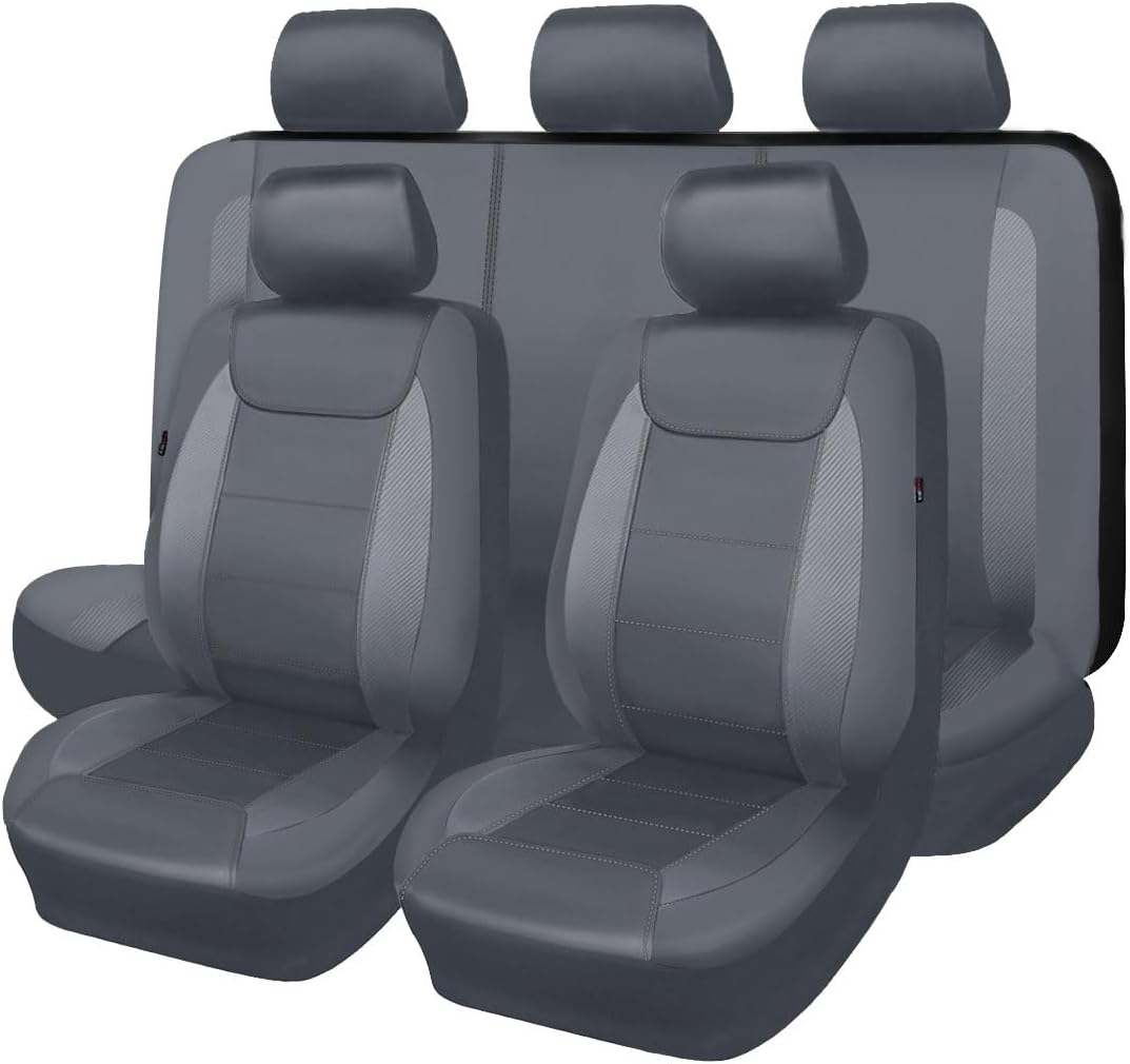 Flying Banner car seat Covers Protects Water Proof Faux Leather Carbon Fiber Front and Rear Bench (Black Black, Full Set - 9PCS)