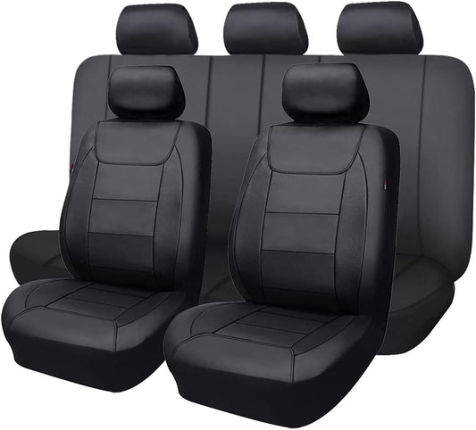 Flying Banner car seat Covers Protects Water Proof Faux Leather Carbon Fiber Front and Rear Bench (Black Black, Full Set - 9PCS)
