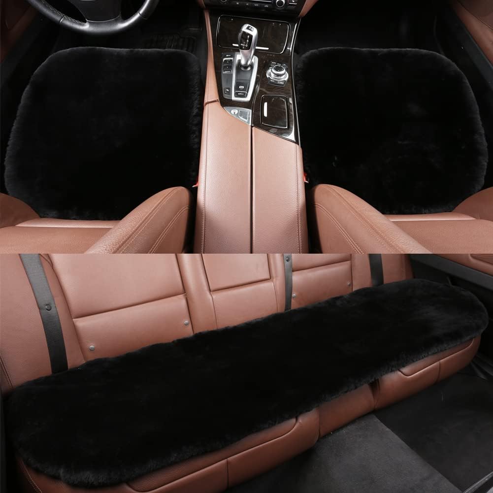 LLB Genuine Sheepskin Car Seat Cushion, Comfort Auto Seat Pad, Warm Real Wool Car Mat with Non-Slip Backing Universal Fit, 19.2 x 19.2 Inches (Pearl, 2 Front Seat Cushions & Bench Seat Cushion-3 Pcs)