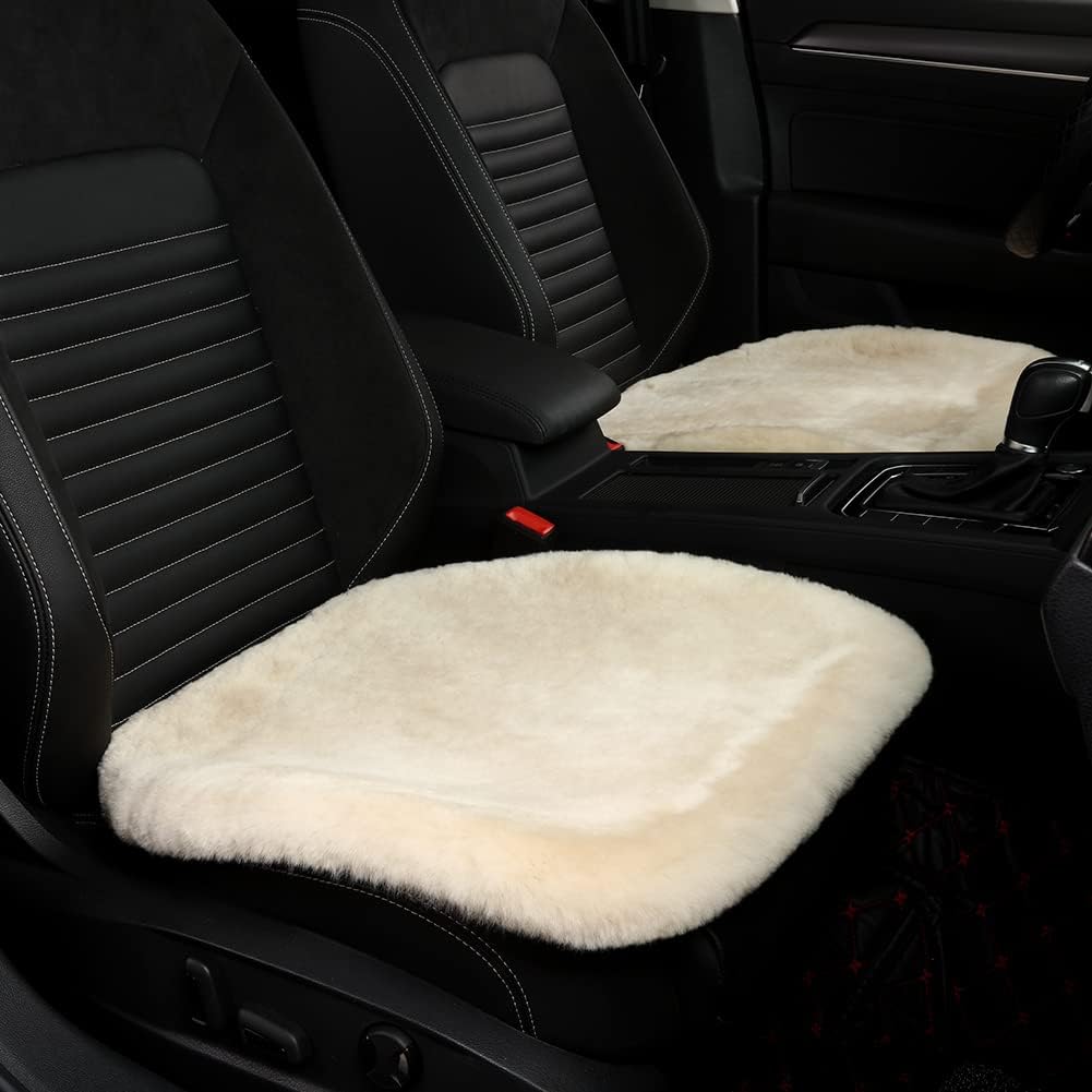 LLB Genuine Sheepskin Car Seat Cushion, Comfort Auto Seat Pad, Warm Real Wool Car Mat with Non-Slip Backing Universal Fit, 19.2 x 19.2 Inches (Pearl, 2 Front Seat Cushions & Bench Seat Cushion-3 Pcs)