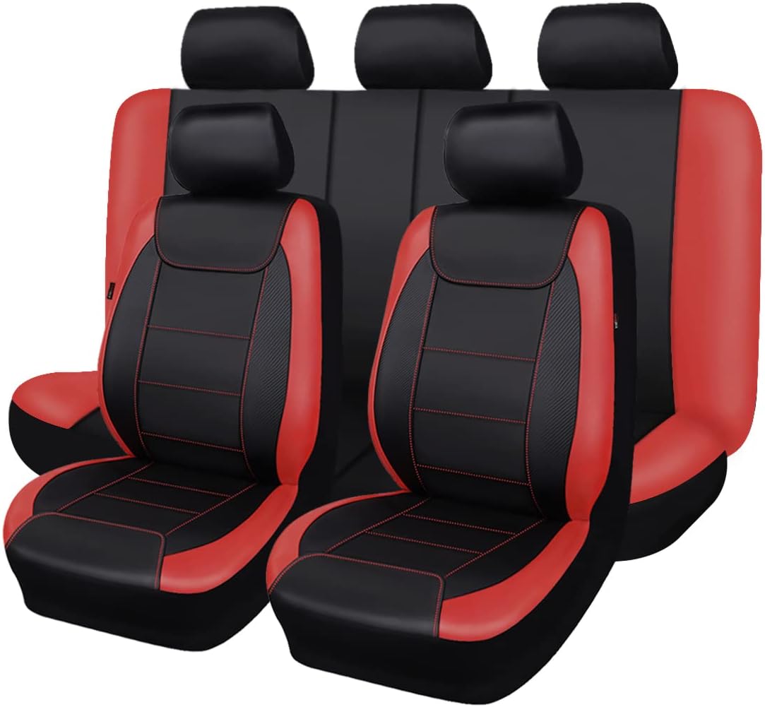 Flying Banner car seat Covers Protects Water Proof Faux Leather Carbon Fiber Front and Rear Bench (Black Black, Full Set - 9PCS)