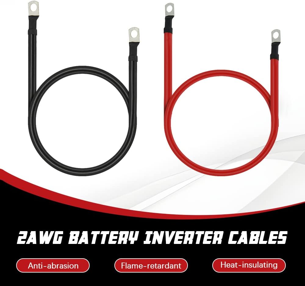 3FT 2 AWG Battery Cables 2 Gauge Pure Copper Battery Inverter Cables with 5/16 in Lugs Both Ends battery parallel cables Wire Set for Automotive Solar Power Inverter Marine Boat RV Car Motorcycle