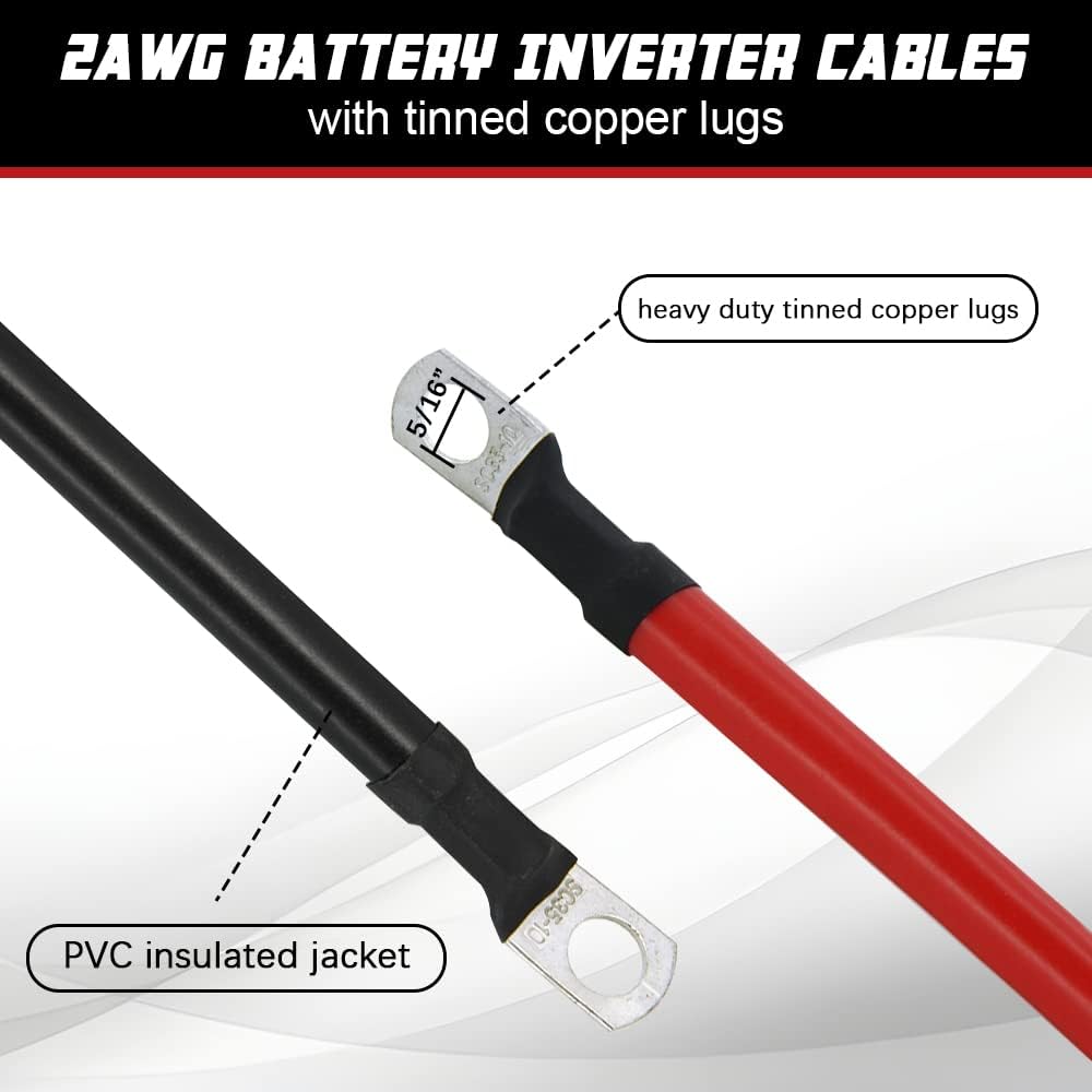 3FT 2 AWG Battery Cables 2 Gauge Pure Copper Battery Inverter Cables with 5/16 in Lugs Both Ends battery parallel cables Wire Set for Automotive Solar Power Inverter Marine Boat RV Car Motorcycle