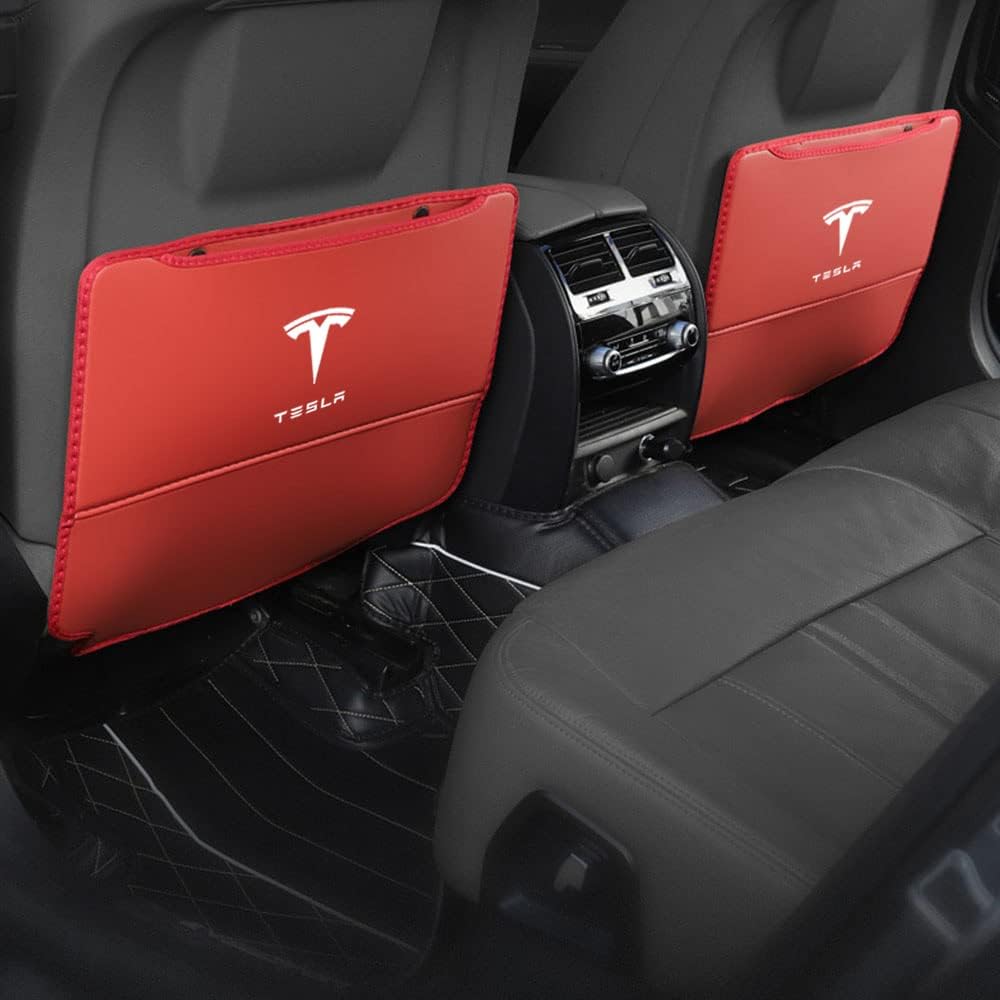 Fit for Tesla Seat Protector Rear Seat Child Kick Protection Premium Microfiber Leather Material(Two Packs) (red)