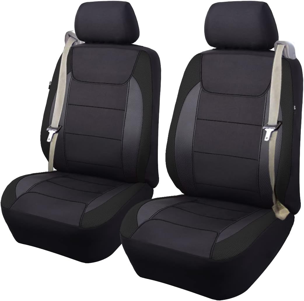 Flying Banner car seat Covers Quality Carbon Fiber Air Mesh Fabric Sport Low High Back Bucket Back Pocket Arm Rest (2 Fronts - High Bucket, Blue)
