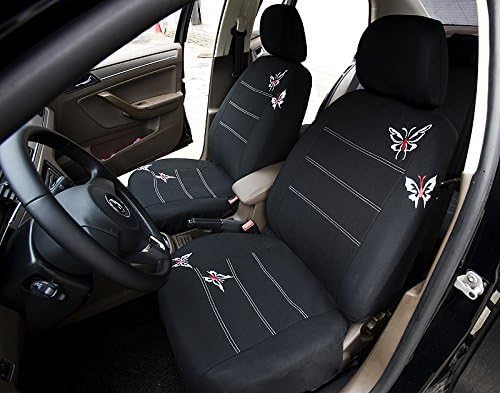 AUTOYOUTH Front Bucket Car Seat Covers for Truck, SUV Butterfly Embroidery, Polyester Cloth Universal Fit Car Accessories ¨C 4PCS, Black