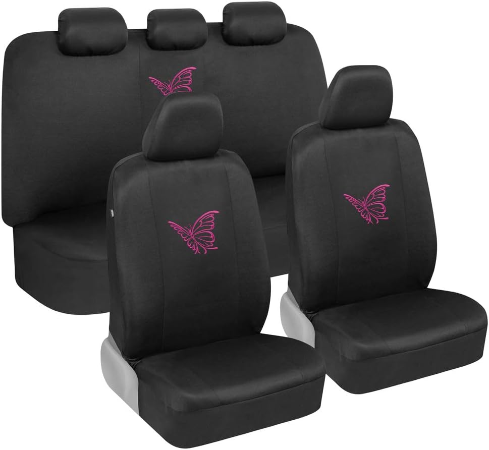 BDK Pink Butterflies Car Seat Covers Full Set with Steering Wheel Cover and Seat Belt Pads – Front and Rear Covers with Matching Embroidered Accessories, Universal Fit for Cars Trucks Vans SUVs