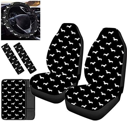 Pensura Black Dachshund Carseat Seat Protector Cover Non-Slip Saddle Blanket, with 15 inch Steering Wheel Cover, Center Console Armrest Cover Pad, Seat Belt Shoulder Pads, Set of 6
