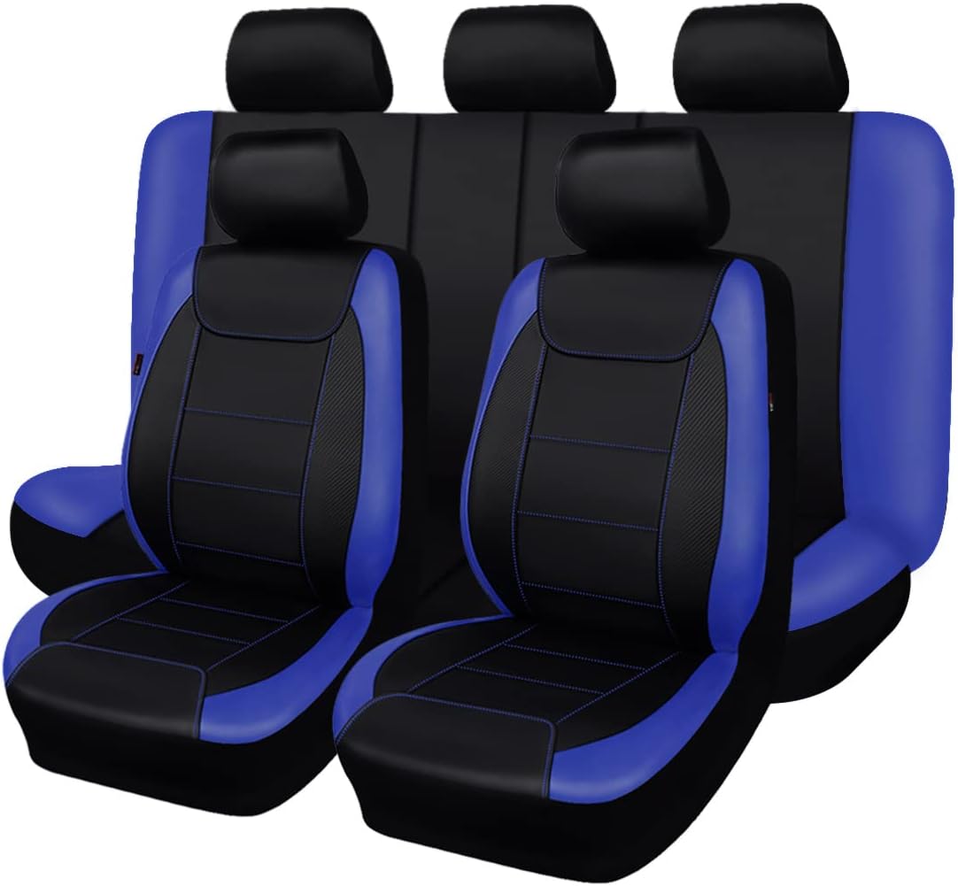 Flying Banner car seat Covers Protects Water Proof Faux Leather Carbon Fiber Front and Rear Bench (Black Black, Full Set - 9PCS)