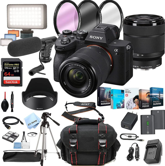 Sony a7 IV Mirrorless Digital Camera with 28-70mm Lens,+ LED Always on Light + 64GB Extreem Speed Memory, Filters, Case, Tripod + More 38PC Bundle Kit