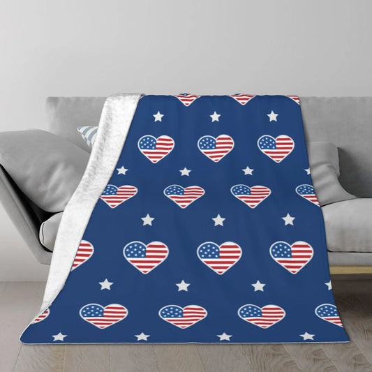 TEQUAN Double Layer Plush Bed Blanket, Blue Hearts American Flag Pattern Cozy Soft Air Conditioner Throw Blankets, 60 x 50