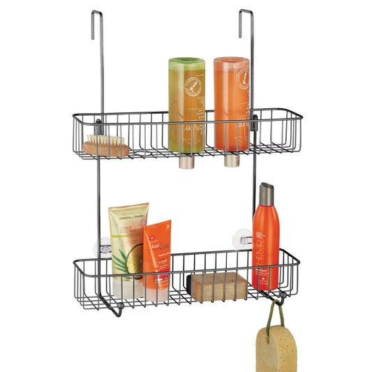 mDesign Wide Metal Over Door Hanging Shower Caddy, 2 Hooks/Baskets - Dark Gray