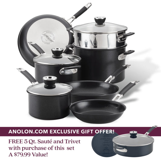 Anolon SmartStack Hard-Anodized Nesting Cookware Set, 10-Piece, Black