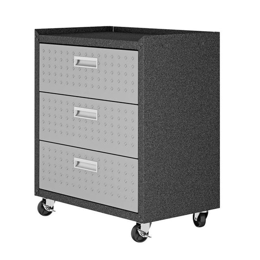 Fortress Textured Metal 31.5 Garage Mobile Chest with 3 Full Extension Drawers in Grey