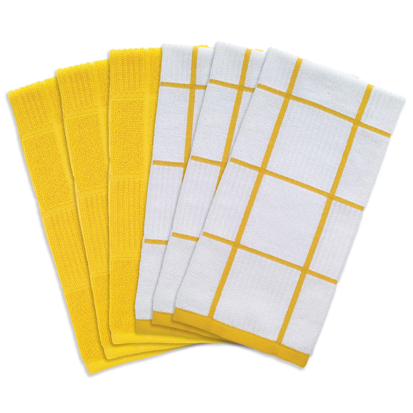 Solid and Check Parquet Kitchen Towel, Six Pack, Lemon