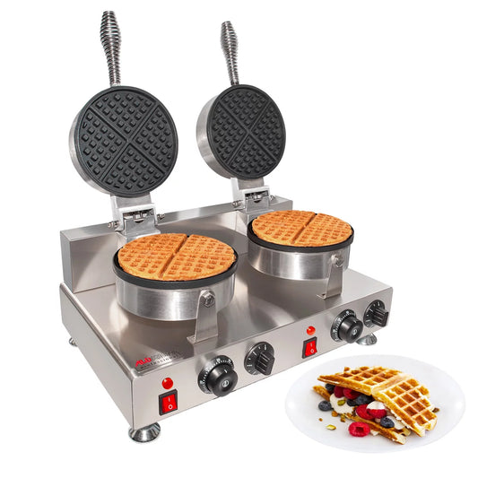 ALDKitchen Belgian Waffle Maker | Cone Maker and Waffle Iron | Round-Shape Thin Waffles | Stainless Steel | 110V (DOUBLE)