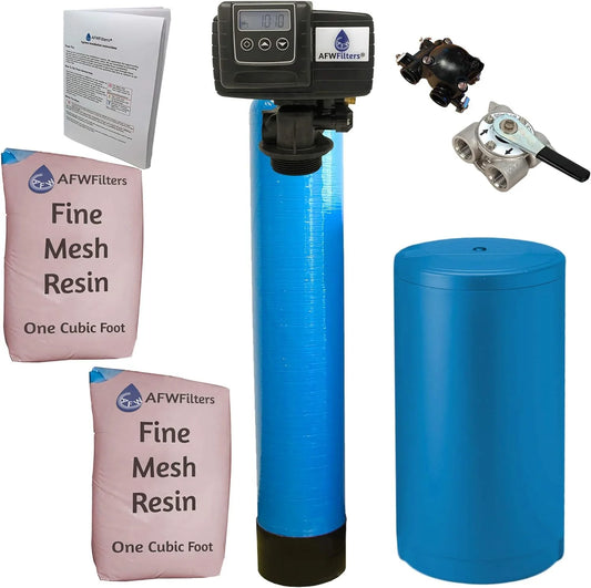 AFWFilters 2 cubic Foot 64k Whole Home Iron Pro Water Softener with Fine Mesh Resin, 3/4 Stainless Steel FNPT Connection, and Blue Tanks