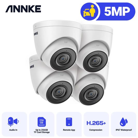 ANNKE 5MP IP Camera, 4Pcs Outdoor Surveillance IP Wired Camera with AI Human/Vehicle Detection, 2.8mm Lens, 100Ft IR Night Vision, IP67, Remote Access, Motion Alerts, Up to 256GB SD Card