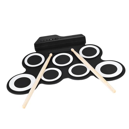 Carevas Portable Electronic Drum Set Compact Size for Beginners Kids 7 Silicon Drum Pads USB Powered with Drumsticks Foot Pedals Audio Cable