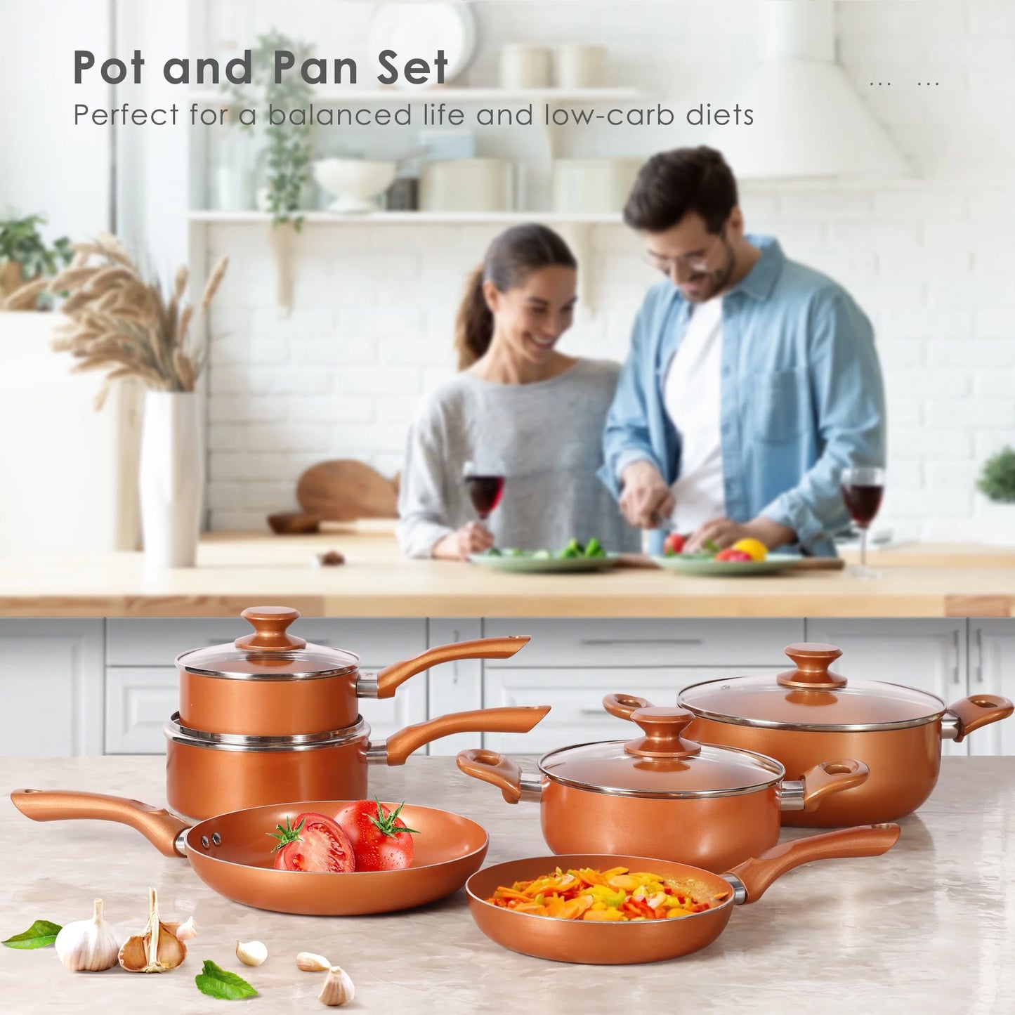 Scafild | 10-Piece Ceramic Nonstick Aluminum Cookware Set - Copper
