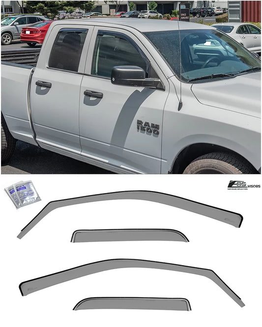 Extreme Online Store Fits All 2009-2018 Ram 1500 Quad Cab Models | EOS Visors in-Channel Style Smoke Tinted Side Vents Window Deflectors Rain Guards