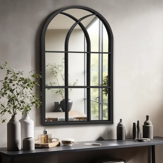 VLUSH Arch Wall Mounted Mirror, 20x28 Bathroom Mirror for Wall, Black Metal Frame Vanity Mirror for Bedroom