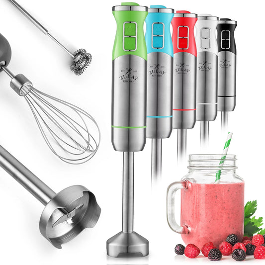 Zulay Kitchen Immersion Blender 500W Stainless Steel Whisk and Frother Attachments 8 Speed - Green