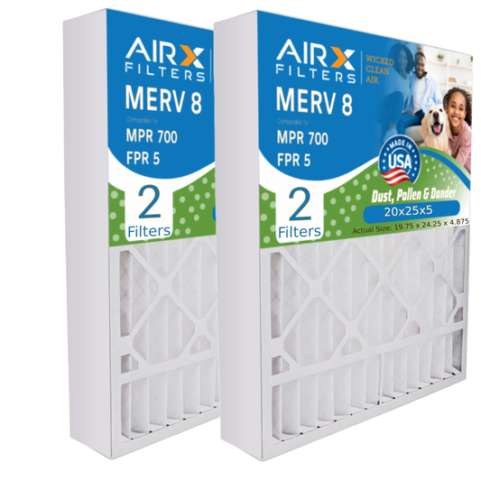 20x25x5 Air Filter MERV 8 Comparable to MPR 700 & FPR 5 Compatible with Skuttle #000-0448-002 Premium USA Made 20x25x5 Furnace Filter 2 Pack by AIRX FILTERS WICKED CLEAN AIR.