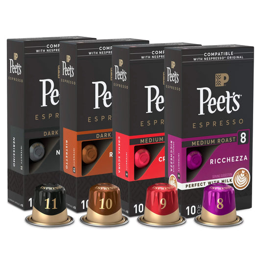 Peet,S Coffee Gifts, Bestseller,S Espresso Coffee Pods Variety Pack, Dark & Medium Roasts, Compatible With Nespresso Original Machine, Intensity 8-11, 40 Count (4 Boxes Of 10 Espresso Capsules)