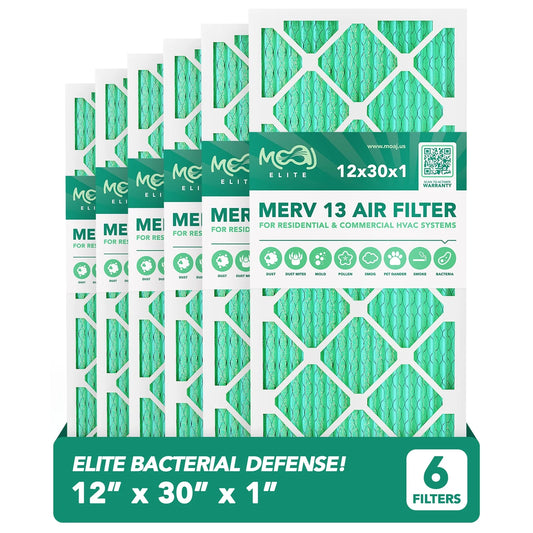 12x30x1 Air Filter (6-PACK) | MERV 13 | MOAJ Elite Bacterial & Viral Defense | BASED IN USA | Pleated Replacement Air Filters for AC & Furnace Applications | Actual Dimensions: 11.70 x 29.70 x 0.75