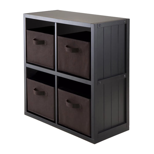 Winsome Wood Timothy 5-Pc 2x2 Storage Shelf with 4 Foldable Fabric Baskets, Black & Chocolate