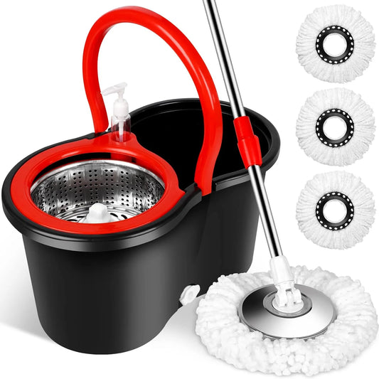 Spin Mop and Bucket with Wringer Set, 360° Rotating Head Mop Bucket System, 3 Microfiber Mop Heads for Floor Cleaning (Black & Red)