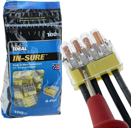 Ideal In-Sure 30-1034P 34 Yellow Non-Twist 4 Port Connector for Solid, Stranded, and Tin Bonded Wire (100 Pack)