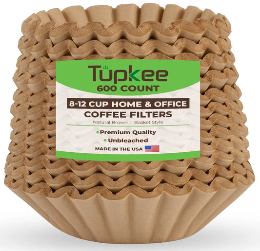 Tupkee Coffee Filters 8-12 Cups - Basket Style, 600 Count, Natural Brown Unbleached Coffee Filter, Made in the USA
