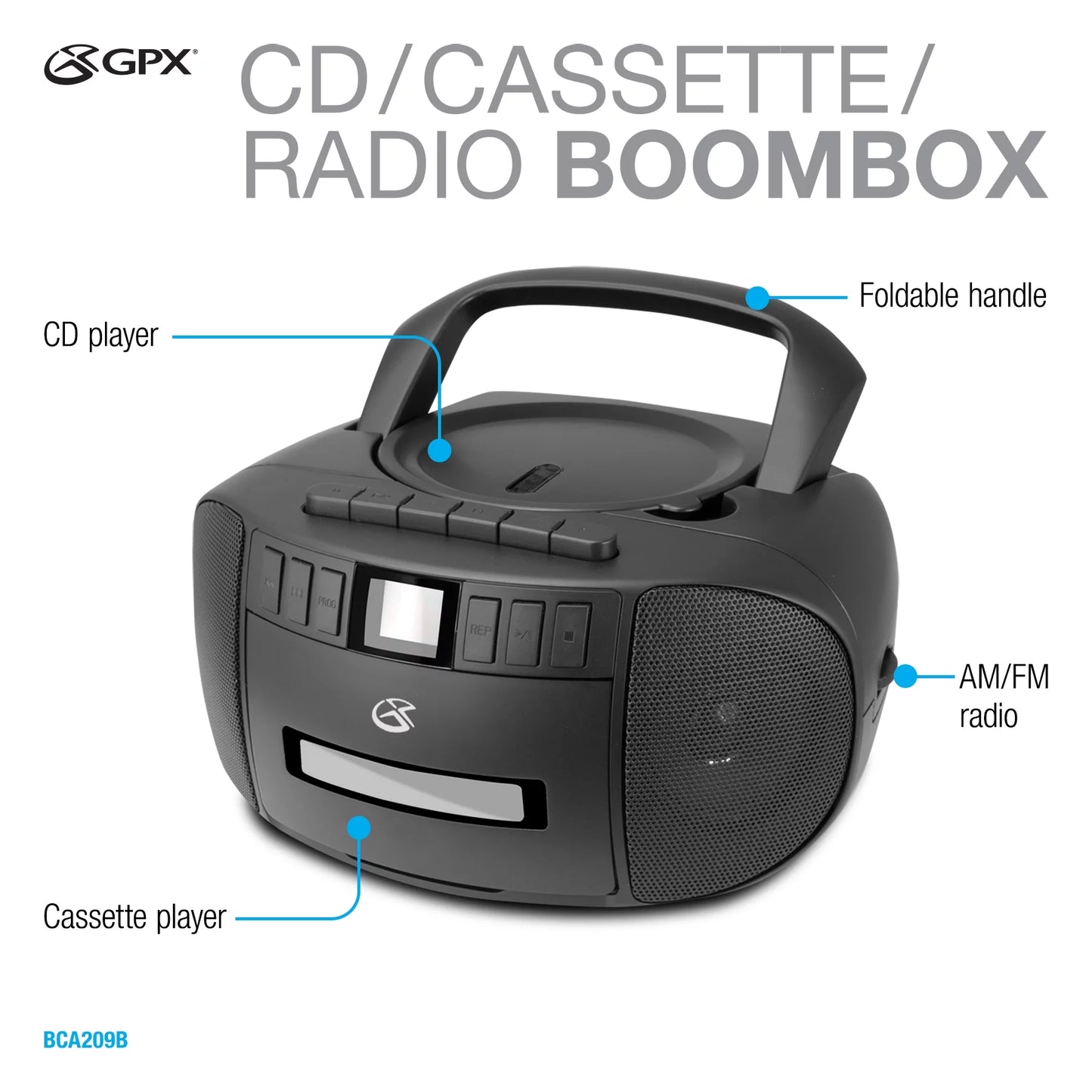 GPX Cassette/CD/Radio Boombox, Black, BCA209B